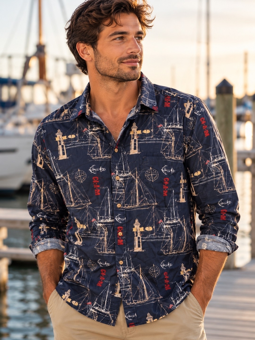 Men's Navy Nautical Print Button-Down Shirt